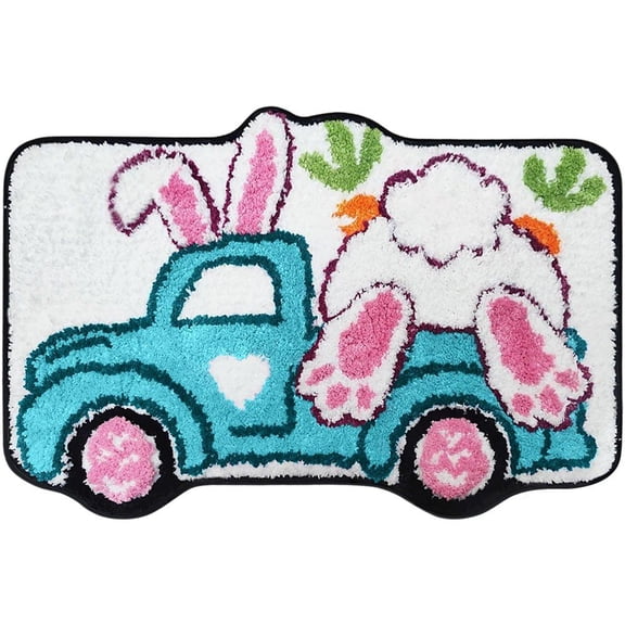 Jiibva Easter Bath Mat, Easter Rabbit Bathroom Rugs Spring Bunny Truck Bathroom Rugs Farmhouse Easter Home Decoration