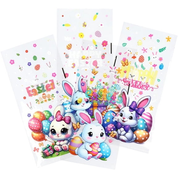 Jiibva Easter Cellophane Bags,Happy Easter Candy Cookie Bags 100 PCS,Bunny Eggs Gift Bags with Twist for Easter Spring Holiday Party Favor Supplies