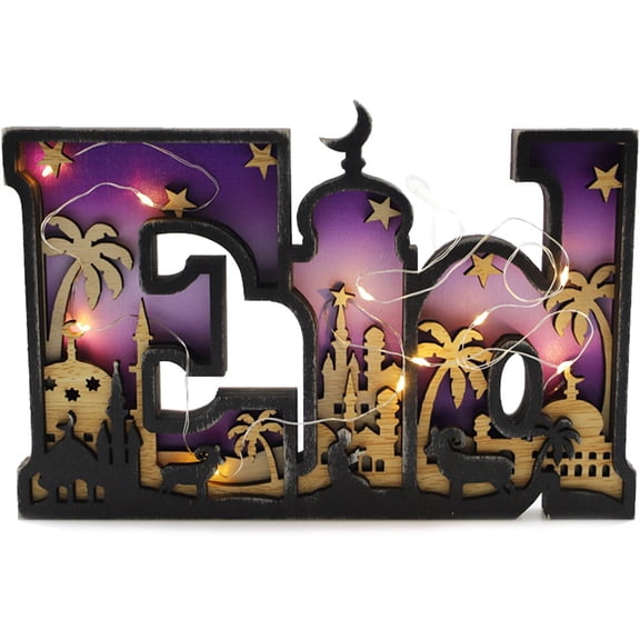 Jiibva Eid Mubarak Decoration Wooden Table with Light Ramadan Kareem Lamp Desktop Ornament Freestanding for Muslim Ramadan Wood Decorations