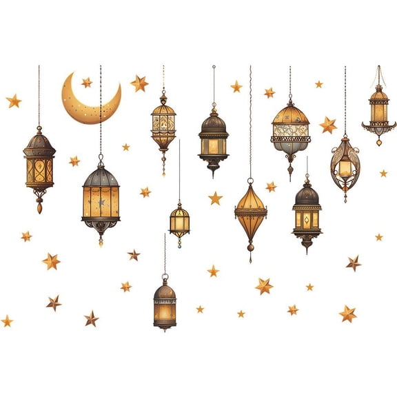Jiibva Eid Mubarak Wall Stickers Moon Star Lantern Ramadan Decals Wall Decals Muslim Islamic Window Sticker Decorations For Home