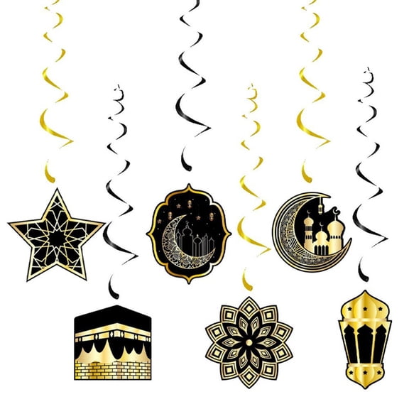 Jiibva Eid Ramadan Mubarak Banner, Foil Hanging Swirl Streams Ceiling Decor, Black Gold Star Moon Lanterns Ornament for Islamic Muslim Party Supplies