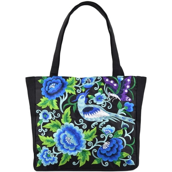 Jiibva Ethnic Style Embroidery Shoulder Bag Handbag Retro Peony Tote Shopping Bag Large Capacity Literary Canvas Bag Crossbody Hobo Crossbody Bag for Women