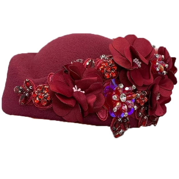 Jiibva Felt Beret Hat Floral Rhinestone Beret Caps Vintage British Turban Hat Church Derby Hat Painter Hat Newsboy Dome Bowler Cap for Ladies
