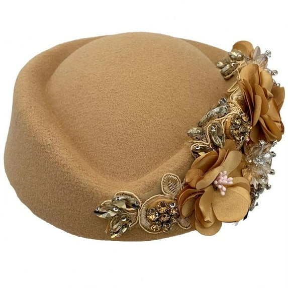 Jiibva Felt Beret Hat Vintage British Turban Hat Floral Rhinestone Beret Caps Church Derby Hat Painter Hat Newsboy Dome Bowler Cap for Ladies