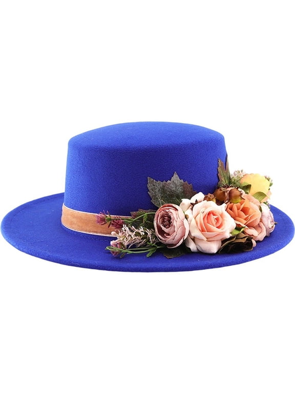 Floral Ladies Hat, Vintage Wool Floral Flat Top Hat, Wide Brim Hat, Fedora Church Derby Felt Cap Bucket Hat Bowler Hats for Wedding Party Talent Show