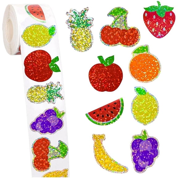 Jiibva Fruit Stickers,Holographic Fruit Stickers 500PCS Per Roll Summer Fruit Stickers Roll Laser Self-Adhesive Decals for DIY Crafts Envelope Journal Decor