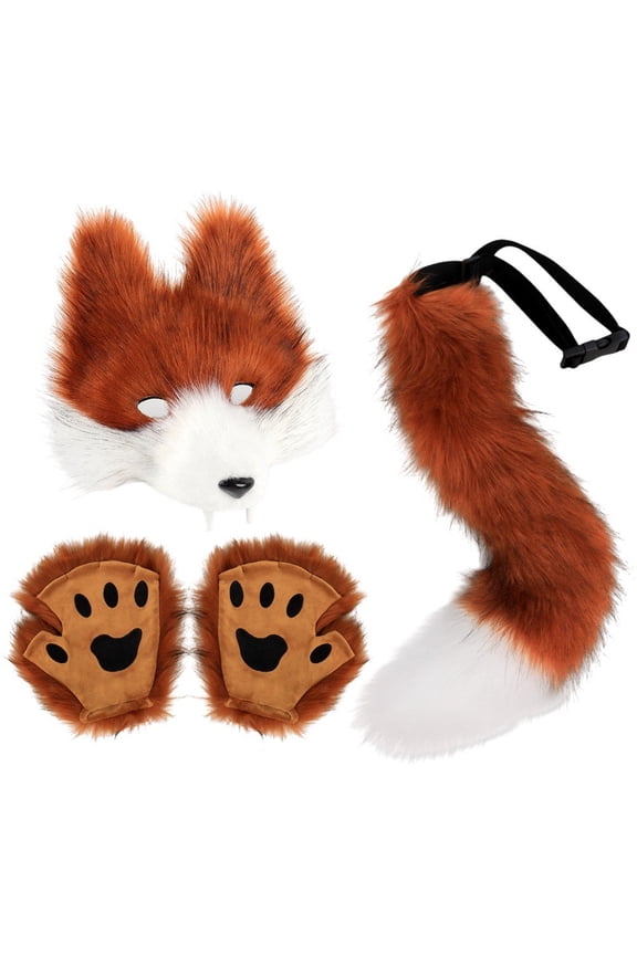 Furry Fox Wolf Set with Mask Tail Paw Gloves for Anime Fancy Dress Accessories Halloween Christmas