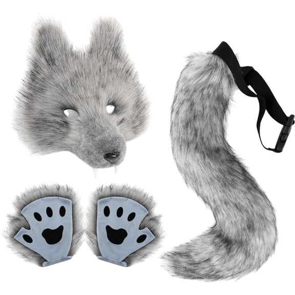 Jiibva Furry Fox Wolf Set with Mask Tail Paw Gloves for Anime Fancy Dress Accessories Halloween Christmas
