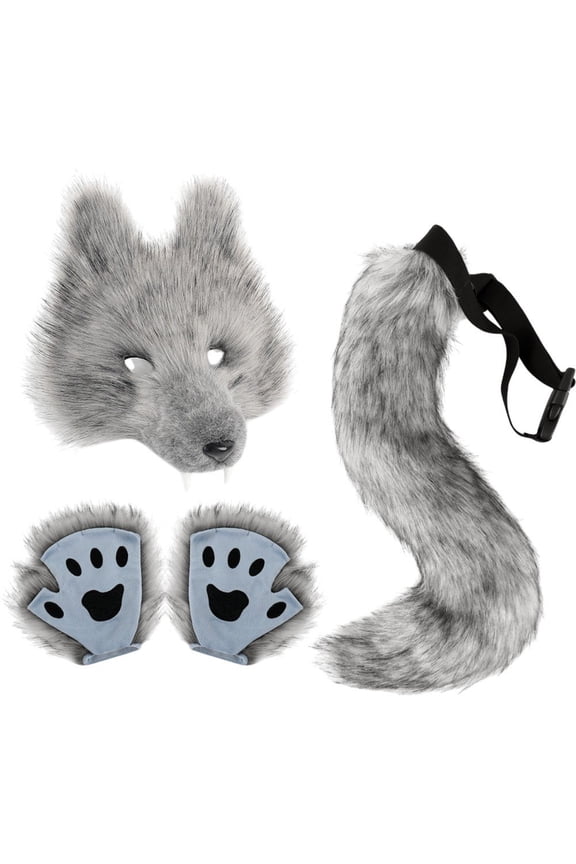 Furry Fox Wolf Set with Mask Tail Paw Gloves for Anime Fancy Dress Accessories Halloween Christmas