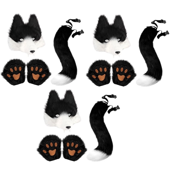 Jiibva 3sets Furry Fox Wolf Set (9Pcs) with Mask Tail Paw Gloves for Anime Fancy Dress Accessories Halloween Christmas