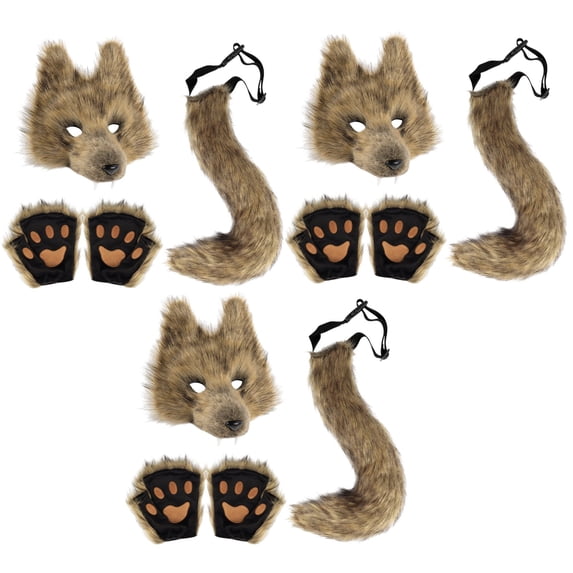 Jiibva 3sets Furry Fox Wolf Set (9Pcs) with Mask Tail Paw Gloves for Anime Fancy Dress Accessories Halloween Christmas