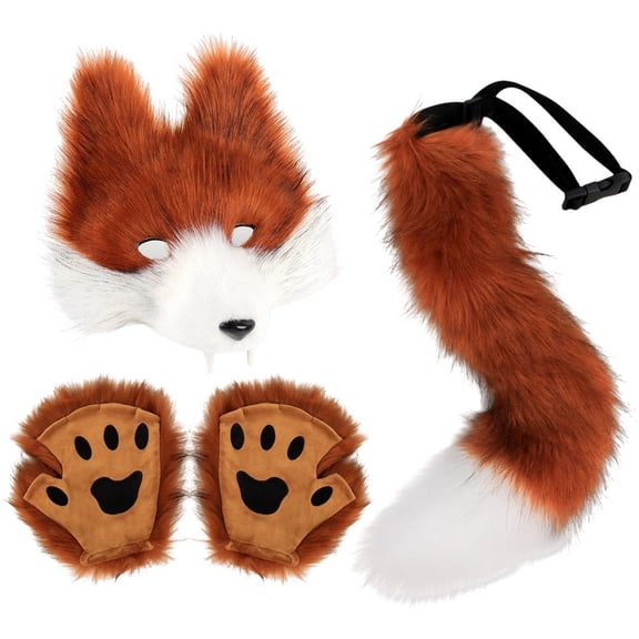 Jiibva Furry Wolf Fox Cosplay Set Mask Bendable Tail Paw Gloves Brown One Size