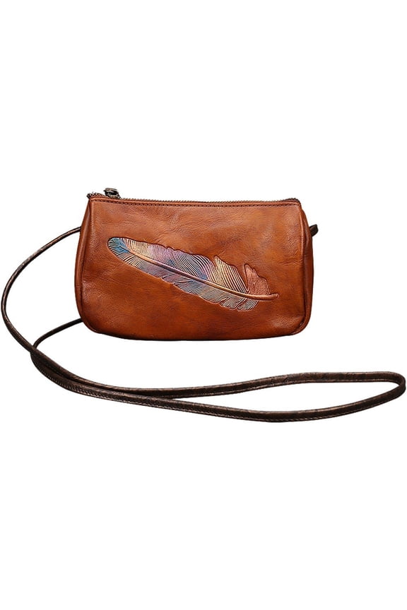 Genuine Leather Women's Hobos Shoulder Bags Retro Vintage Style Feather Pattern Slouch Bag Cowhide Handbags for Women Cross-body Bags