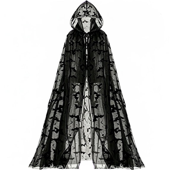 Jiibva Halloween Bat Print Mesh Cape Gothic Hooded Witch Cloak Black 190cm