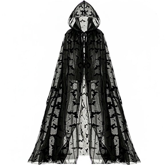 Jiibva Halloween Bat Print Mesh Cape Gothic Hooded Witch Cloak Black 190cm
