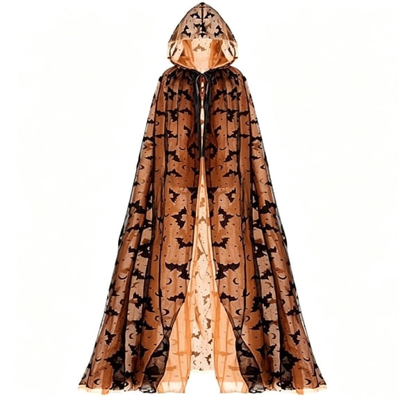 Jiibva Halloween Bat Print Mesh Cape Gothic Hooded Witch Cloak Orange 190cm
