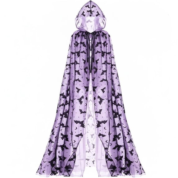 Jiibva Halloween Bat Print Mesh Cape Gothic Hooded Witch Cloak Purple 190cm