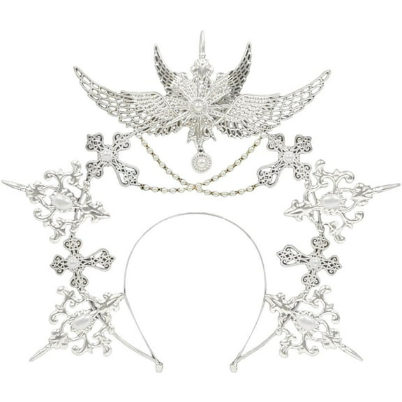 Jiibva Halo Crown Headpiece Lolita Goddess Headdress Gothic Halo Crystal Crown Headband Hair Accessories for Dress-Up Party