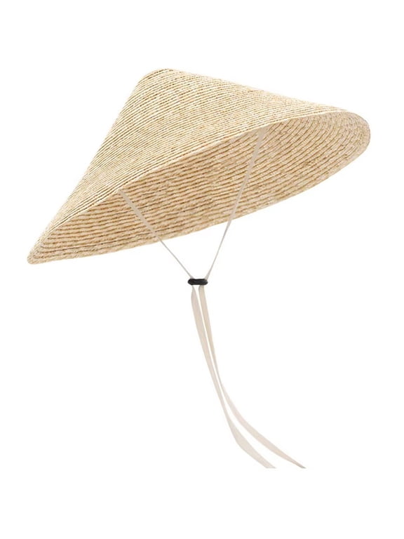 Handmade Weave Straw Hat, Wheat-straw Bamboo Cone Sun Hat, Wide Brim Farm Cap With Windproof Rope Outdoor Rain Cap