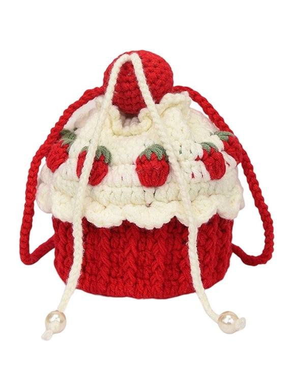 Handwoven Strawberry Cake Shoulder Bag for Women, Woven Strawberry Crossbody Bag Cute Messenger Bag Beach Bag Purse