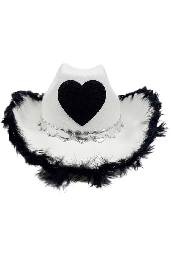 Heart Cowgirl Hat with Feather Trim Rodeo Party Hat Wide Brim Western Cap for Bachelorette Themed Party Dress Up Accessory