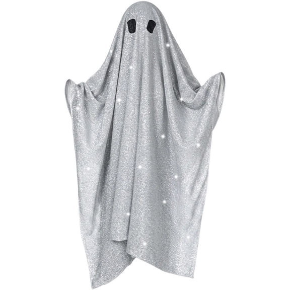 Jiibva Hooded Ghost Cloak Costume Sequin Overlay Full Head Cape White 120cm