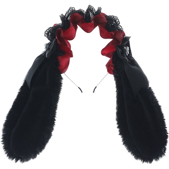 Jiibva Japanese Bowknot Plush Bunny Hair Hoop Ribbon Lace Lolita Rabbit Ears Headband Furry Cute Cosplay Hair Bands Head Accessories