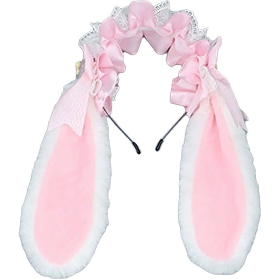 Jiibva Japanese Bowknot Plush Bunny Hair Hoop Ribbon Lace Lolita Rabbit Ears Headband Furry Cute Cosplay Hair Bands Head Accessories