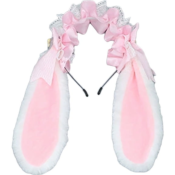 Jiibva Japanese Bowknot Plush Bunny Hair Hoop Ribbon Lace Lolita Rabbit Ears Headband Furry Cute Cosplay Hair Bands Head Accessories