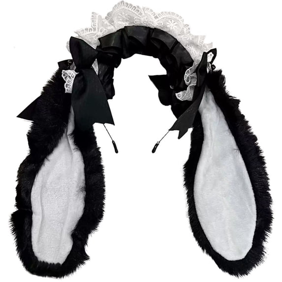 Jiibva Japanese Bowknot Plush Bunny Hair Hoop Ribbon Lace Lolita Rabbit Ears Headband Furry Cute Hair Bands Head Accessories