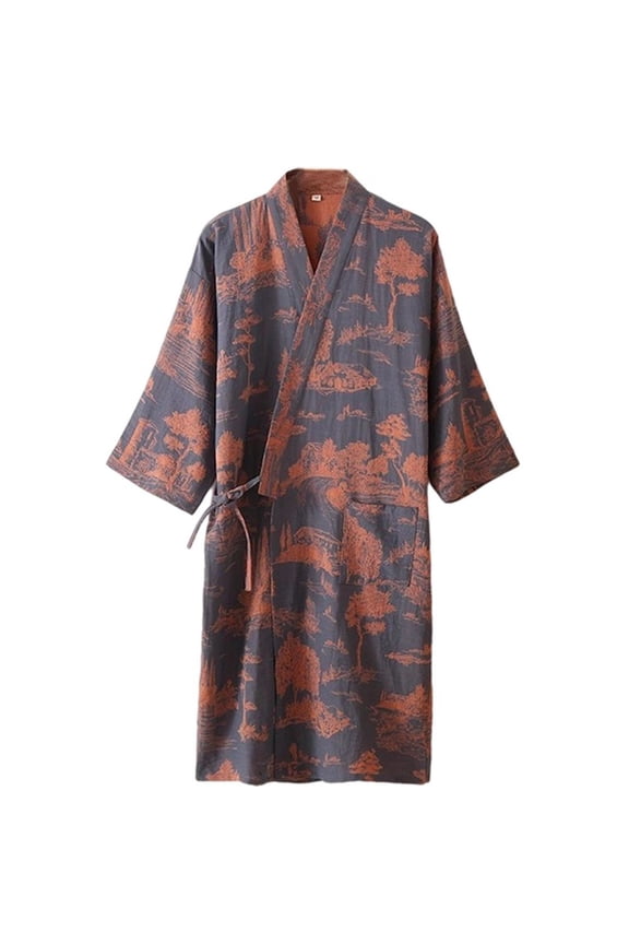 Japanese Style Printed Jacquard Robe Breathable Soft Bathrobes Lightweight Loungewear Classic Nightwear with Pockets for Men