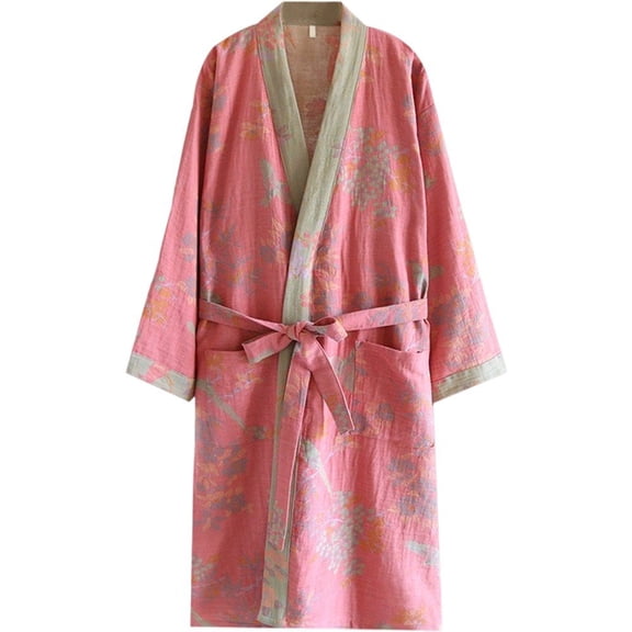 Jiibva Japanese style Pure Cotton Robes Spring Autumn Bathrobe Casual Kimono Robe Half Sleeve Nightdress with Tie Belt for Women