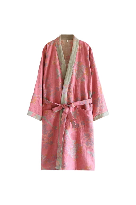 Japanese style Pure Cotton Robes Spring Autumn Bathrobe Casual Kimono Robe Half Sleeve Nightdress with Tie Belt for Women