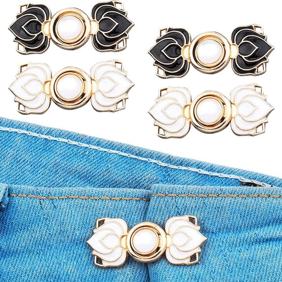 Jiibva Jean Buttons Pins, 4 Pcs Adjustable Flower Jean Button Pin Pant Waist Tightener Buttons Waist Buckle Pants Clip, Best Tool to Tighten Pants Skirts