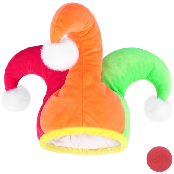 Jiibva Jester Clown Hat Set with Red Foam Nose Tri-Color Pom Pom Cap 35x25cm