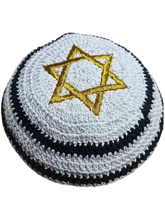 Polyester Embroidered Star Kippah Yamaka Jewish Skullcap White with Black Stripes 17cm