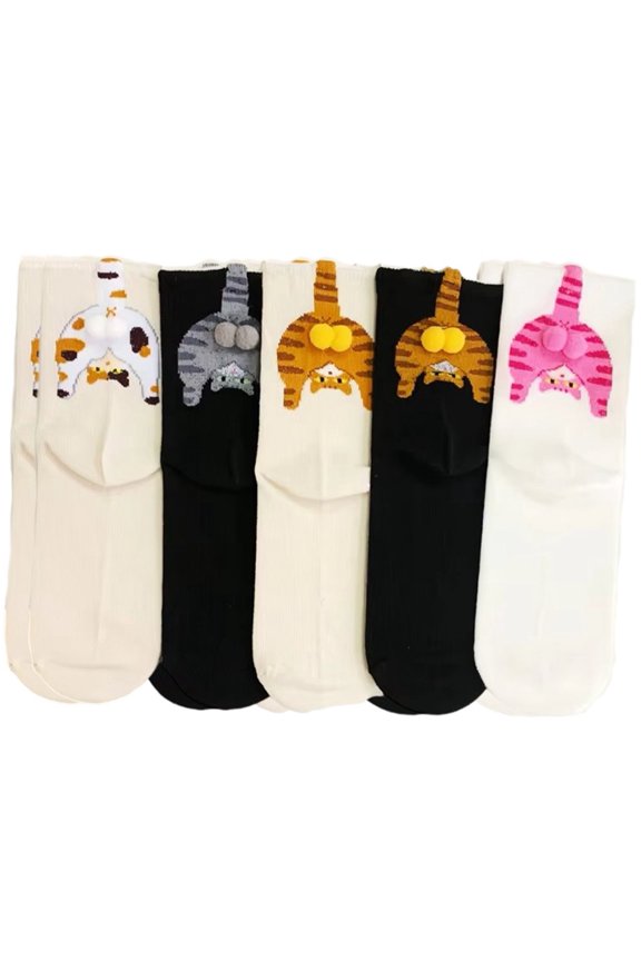 Elastic Socks 5 Pairs Mens Womens Novelty Socks, Unisex Cute Funny Cat Cotton Casual Animal Middle Tube Socks