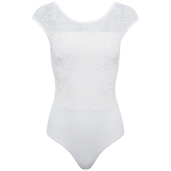 Jiibva Lace Panel Scoop Neck Ballet Leotard, Women's Gymnastics Bodysuit for Dance Training, White M