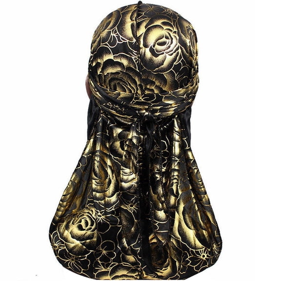 Jiibva Long Tail Durag Unisex Floral Print Silk Durag Headwraps Wide Straps Pirate Hair Loss Chemo Cap Bandana Turban Hat for Women Men