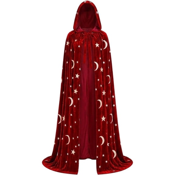 Jiibva Magician Costume Hooded Cape Star Moon Celestial Robe Wine Red 180cm