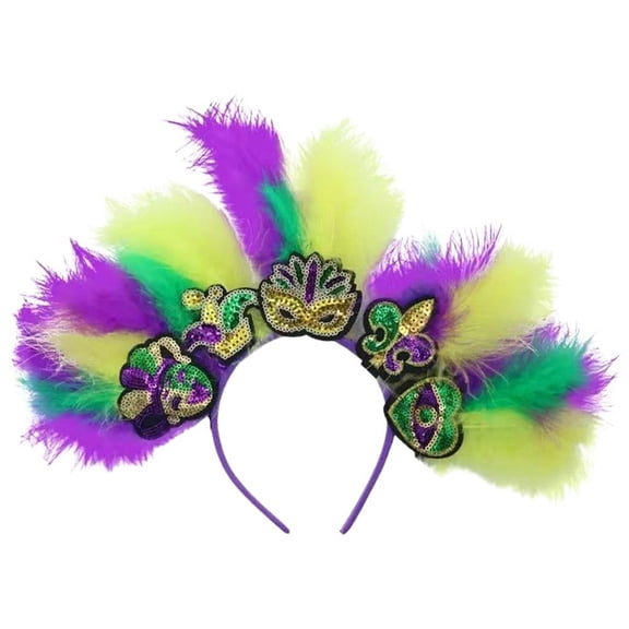 Jiibva Mardi Gras Headband Sequin Faux Feather Fascinators Headpieces Masquerade Mask Party Fleur De Lis Hair Band for Women Girls