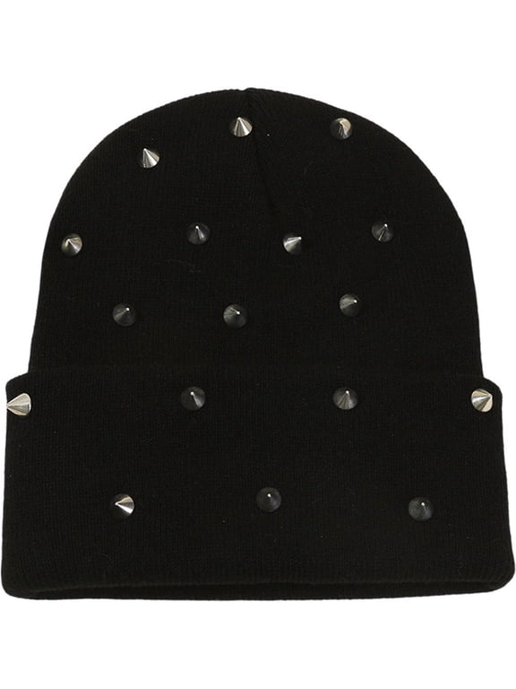 Men Punk Rivet Beanie Hat, Goth Gothic Skull Caps, Winter Warm Knitted HeadCap No Brim Hip-Hop Style Earmuffs Stacked Hat for Men Women
