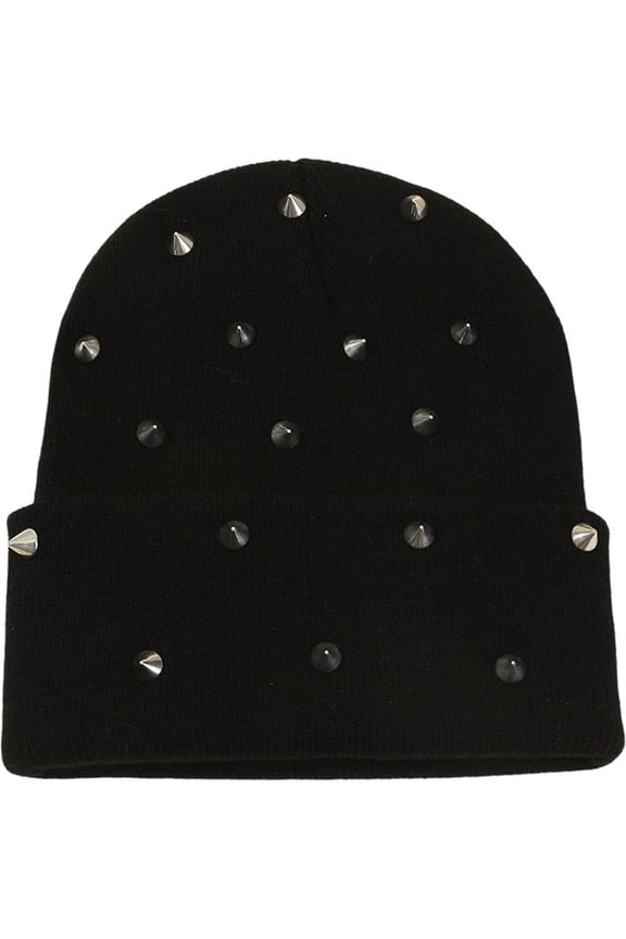 Men Punk Rivet Beanie Hat, Goth Gothic Skull Caps, Winter Warm Knitted HeadCap No Brim Hip-Hop Style Earmuffs Stacked Hat for Men Women