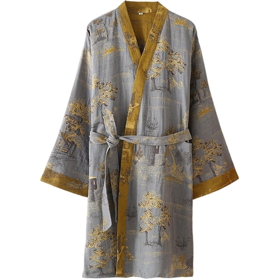Jiibva Men's Cotton Double Gauze Sleeping Robe Japanese Style Kimono Bathrobe Pyjamas Yukata