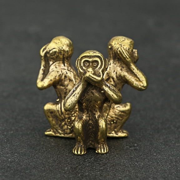 Jiibva Mini Vintage Brass Cute 3-Monkeys Do Not Talk Statue Animal Sculpture Home Office Desk Decorative Ornament Funny Gift