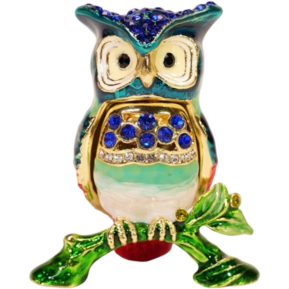 Jiibva Owl Shape Enamel Trinket Box Blue Alloy Jewelry Holder 5cm Desk Organizer for Rings Earrings
