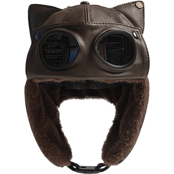 Jiibva PU Leather Bomber Hat Retro Windproof Plus Fluff Pilot Hat Lining Winter Ear Protection Hat Thickened Warm Trapper Hat with Earflaps