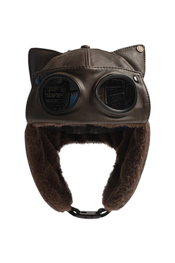 PU Leather Bomber Hat Retro Windproof Plus Fluff Pilot Hat Lining Winter Ear Protection Hat Thickened Warm Trapper Hat with Earflaps