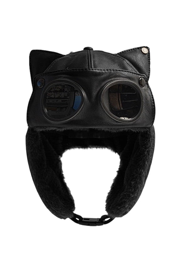 PU Leather Bomber Hat Retro Windproof Plus Fluff Pilot Hat Lining Winter Ear Protection Hat Thickened Warm Trapper Hat with Earflaps