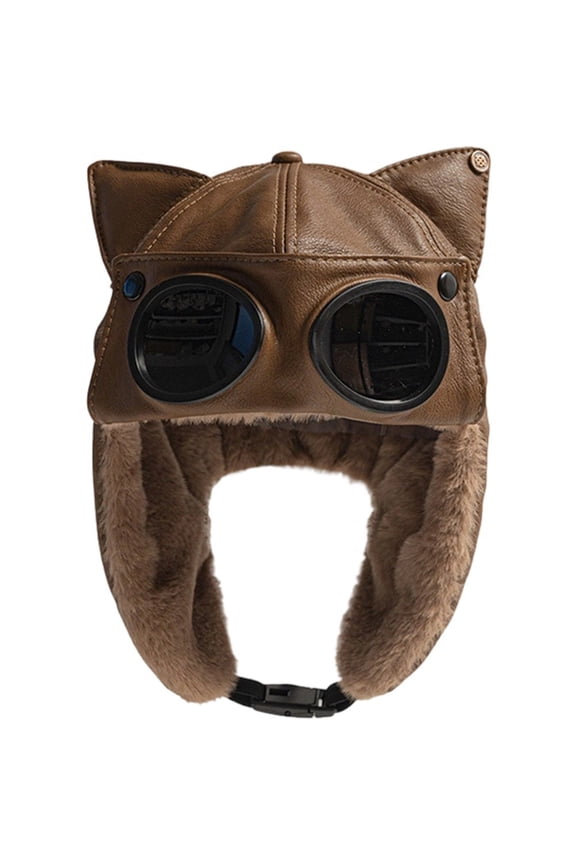 PU Leather Bomber Hat Retro Windproof Plus Fluff Pilot Hat Lining Winter Ear Protection Hat Thickened Warm Trapper Hat with Earflaps